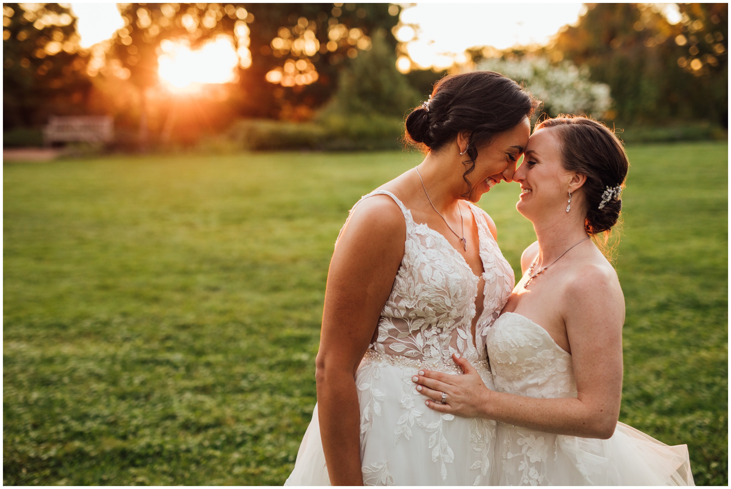 Same sex wedding sunset portraits at New England Botanic Garden at Tower Hill